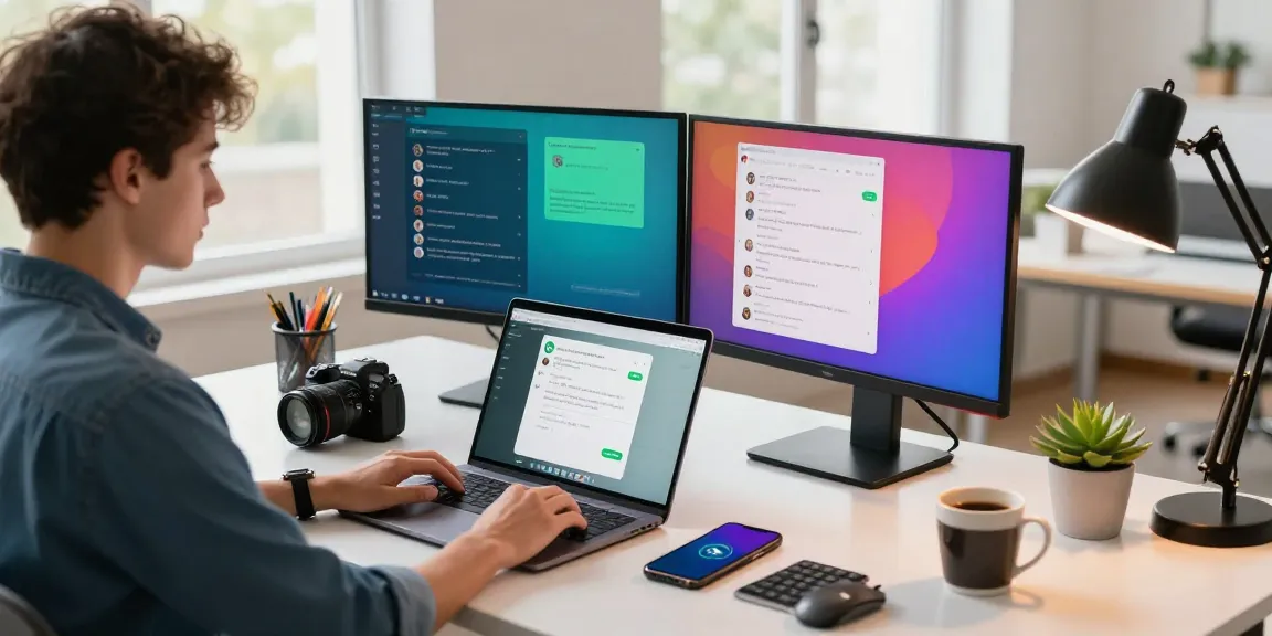 Person using WhatsApp網頁版 on a modern workspace with vibrant screens and ambient lighting.