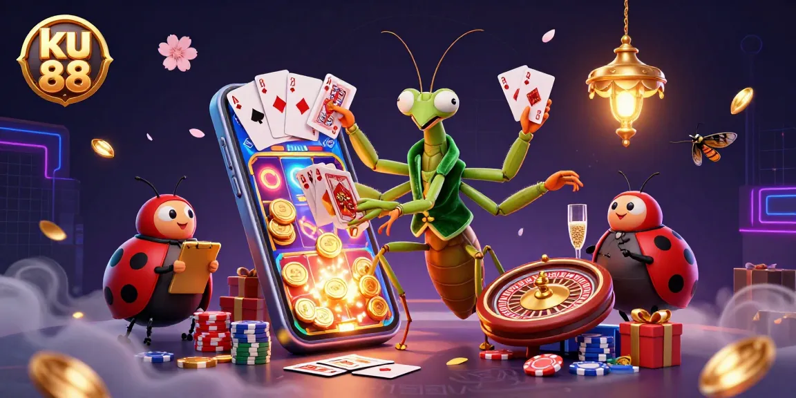 Spin and win big at ku 88 with a dazzling casino scene featuring game elements and lively characters.