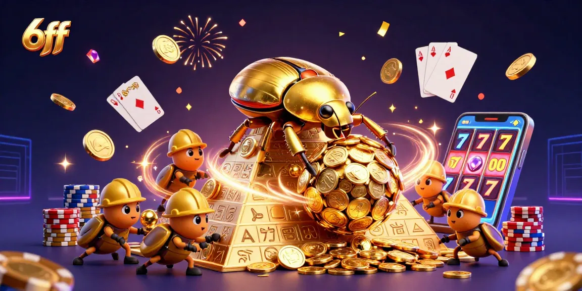 Experience excitement with 6ff and golden beetles in a vibrant casino scene filled with coins and gems.