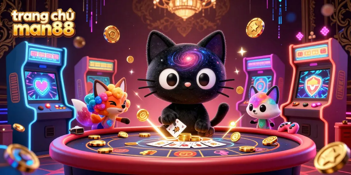 Engage with the cosmic allure of trang chủ man88 as a black hole cat draws in golden casino chips amidst vibrant game elements.