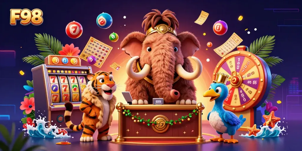 Experience the vibrant casino scene with F98 as the centerpiece showcasing dynamic lottery and slot elements.