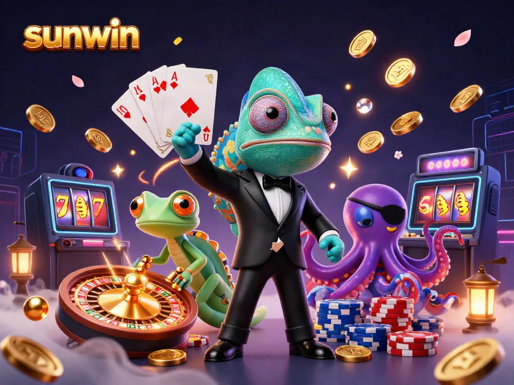 Win big with sunwin in a vibrant 3D casino world featuring colorful characters and golden treasures.