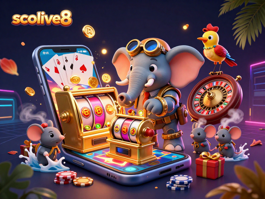 Socolive8 offers an immersive gaming experience with a steampunk elephant operating a golden slot machine amidst casino-inspired graphics.
