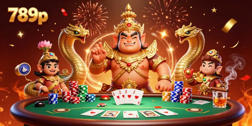 Engage in thrilling poker with 789p's vibrant 3D casino illustration featuring a Thai temple guardian and poker elements.