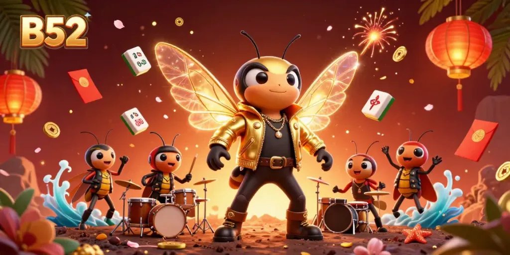 Experience B52 excitement with a vibrant casino-themed illustration featuring lively characters and dynamic game elements.