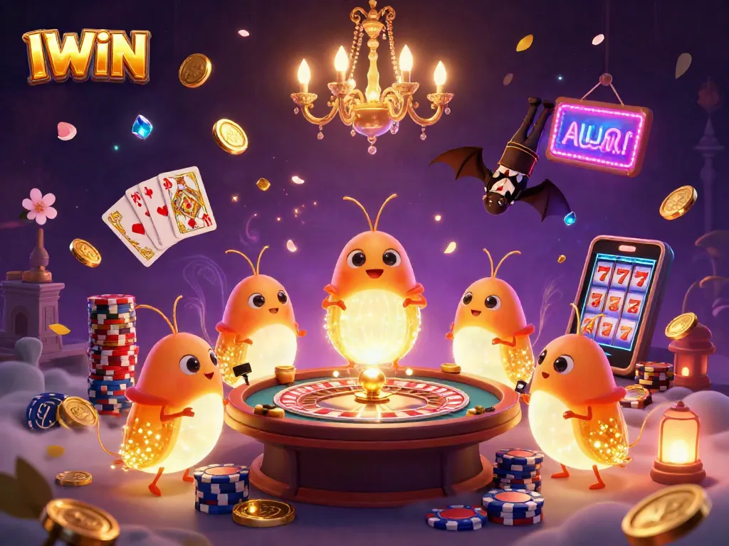 IWIN casino scene featuring glowworms lighting up with coins and a bat dealer.