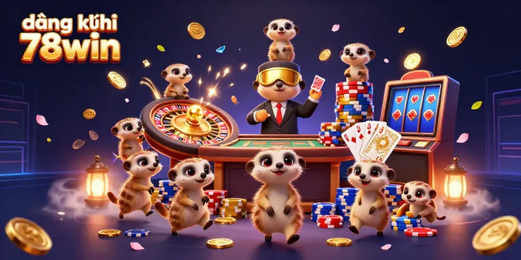 Engage in thrilling action with đăng ký 78win, featuring meerkats at an exciting casino scene.