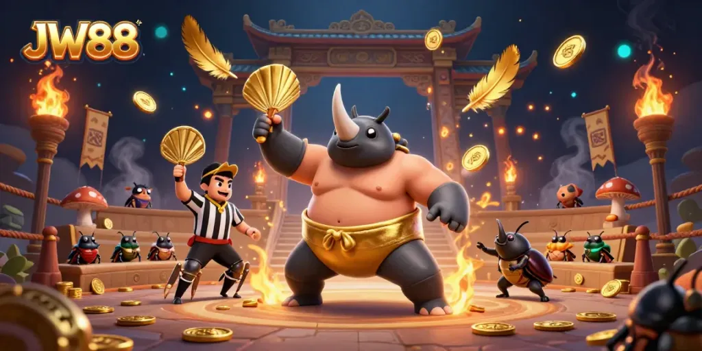JW88's dynamic casino scene featuring a sumo champion beetle surrounded by gold coins and vibrant elements.
