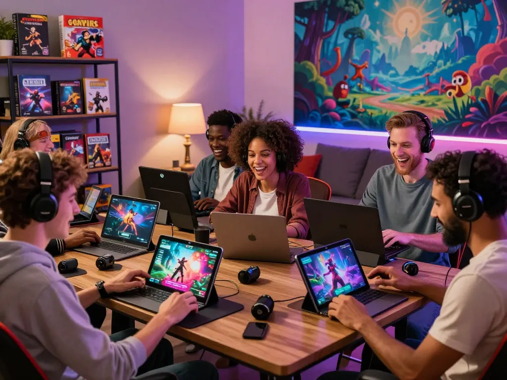 Group playing engaging sex games online, showcasing game sex excitement and diversity in a vibrant lounge.