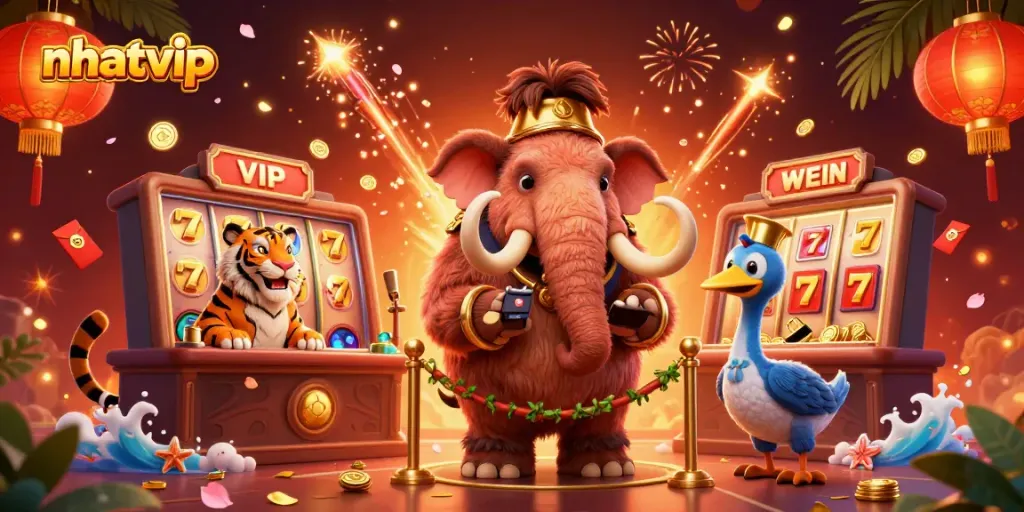 Engage with the vibrant atmosphere of nhatvip casino through a lively illustration featuring unique characters and dynamic game elements.