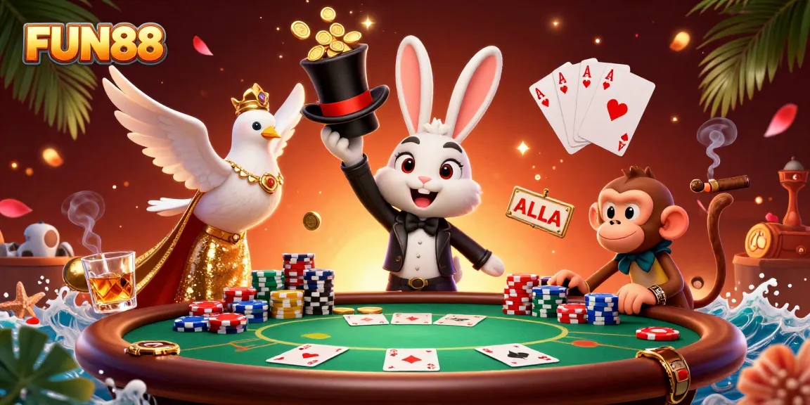Enjoy exciting game actions at FUN88 with the magician rabbit, poker chips, and vibrant casino elements.