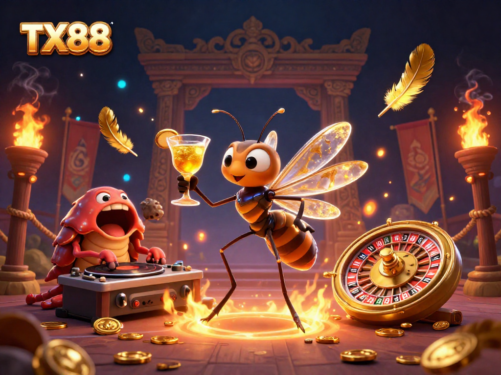 Experience dynamic gaming action at TX88 with a vibrant casino scene featuring unique characters and elements.