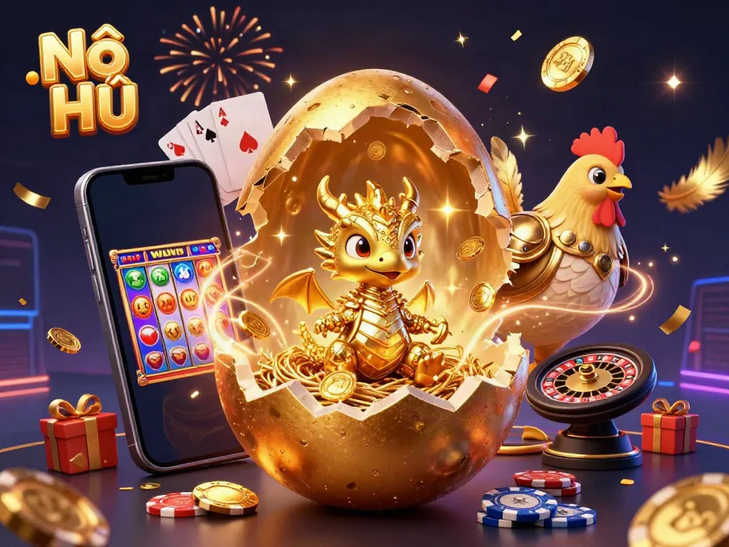 Experience thrilling Nổ Hũ adventures with a golden dragon and vibrant casino elements in a dynamic scene.