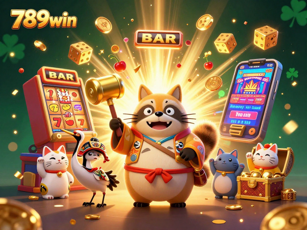 Experience the fun and excitement of 789win with colorful characters and a jackpot explosion in the background.