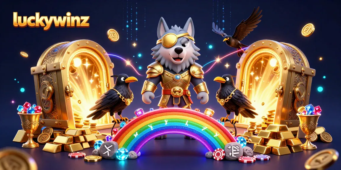 Experience the adventure at luckywinz with a mythical scene of Odin, his ravens, and riches in a vibrant casino world.