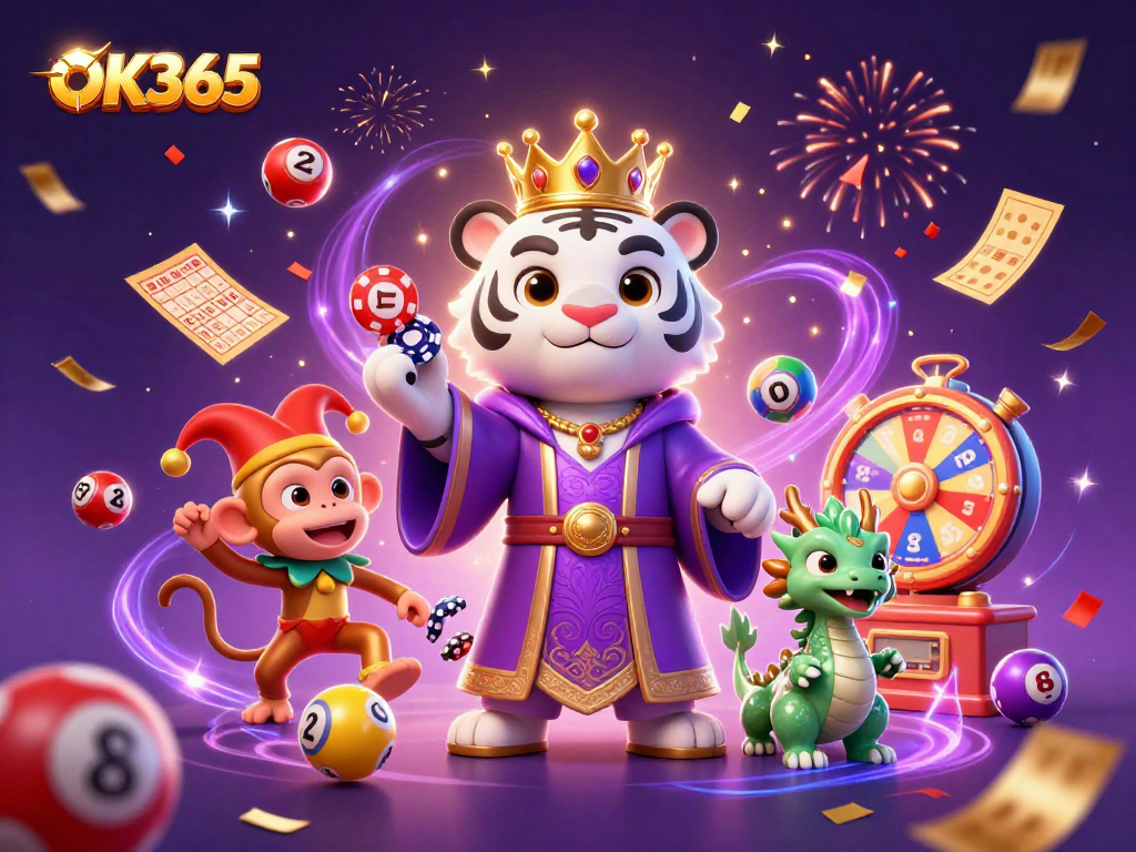 Experience the excitement of OK365 with a vibrant 3D casino scene featuring a royal tiger, playful monkey, and dynamic game elements.