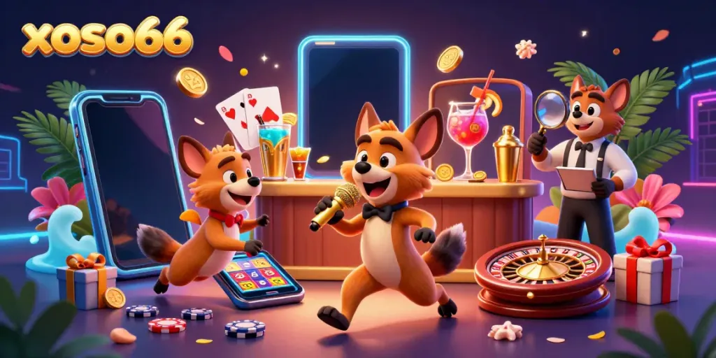 Enjoy fun at xoso66 with lively hyena characters in a vibrant casino setting, featuring slots and games.