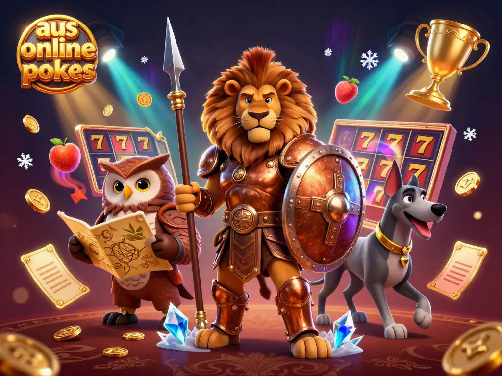 Engage with aus online pokies through a vibrant 3D depiction of a Spartan lion, owl strategist, and greyhound in a thrilling casino atmosphere.