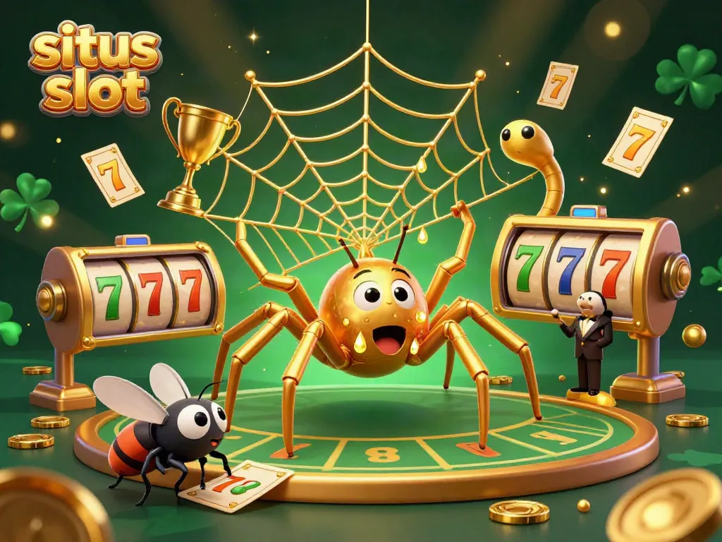 Experience the thrill of situs slot with a vibrant 3D scene featuring a golden spider, dynamic reels, and exciting casino elements.