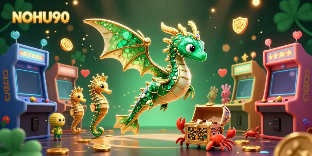 Engage with thrilling games at NOHU90 featuring a brilliant underwater casino scene with a sea dragon and arcade elements.