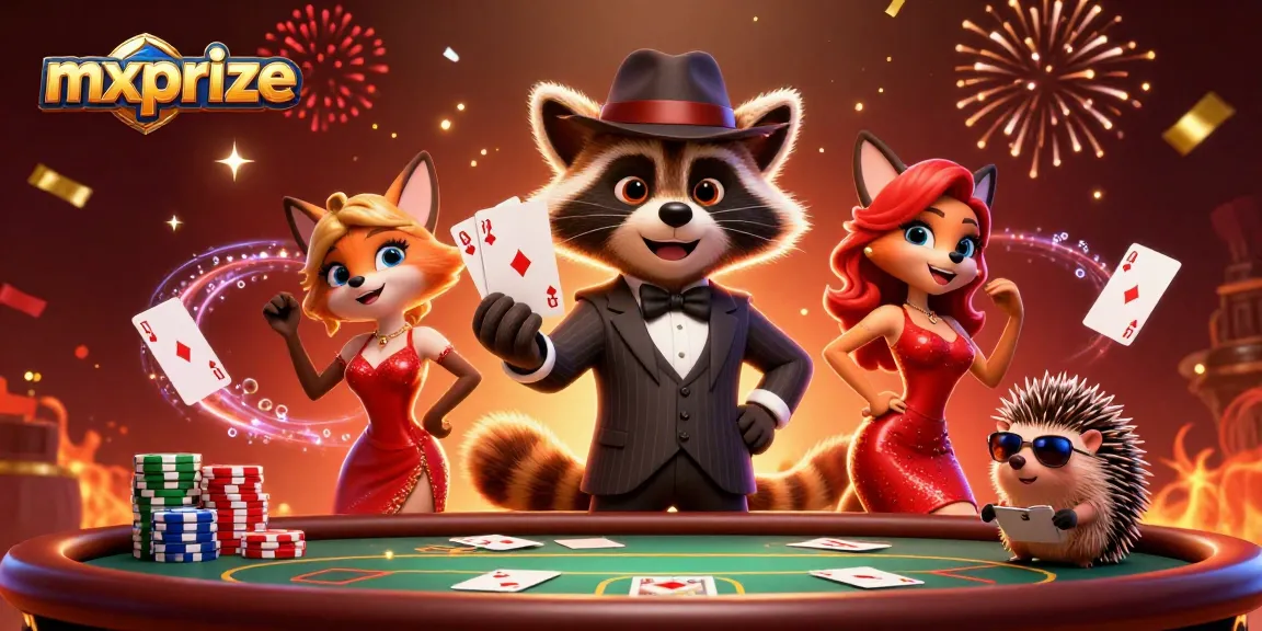 Experience the excitement of poker with mxprize in a vibrant casino scene featuring animated characters.