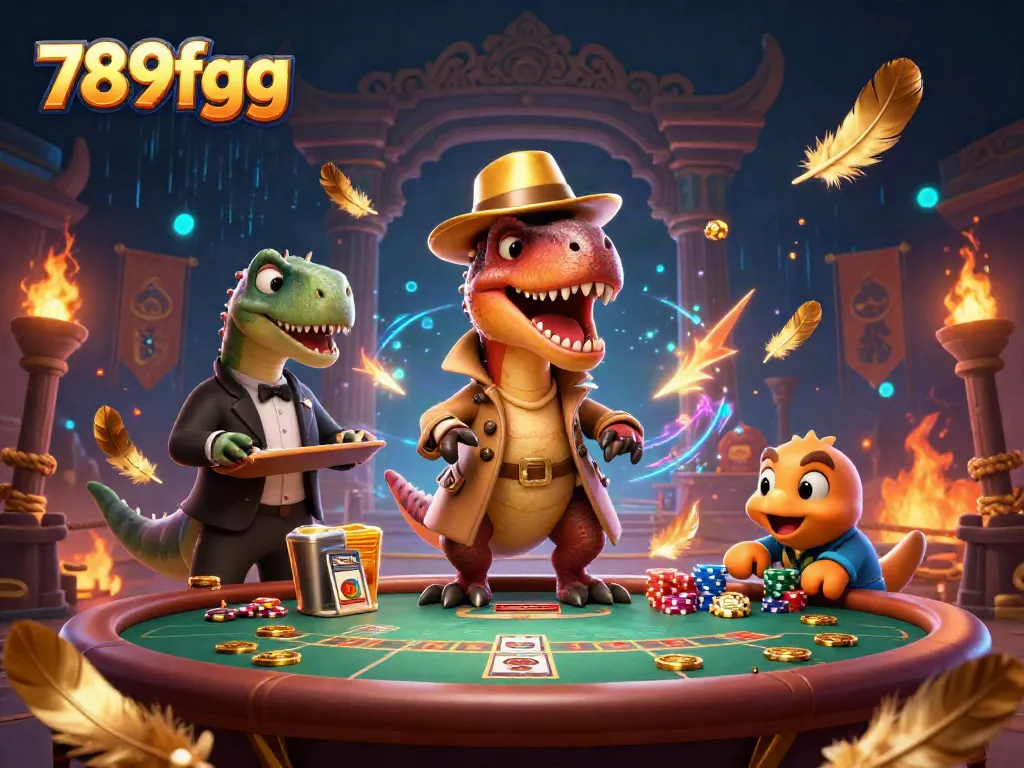 Experience thrilling action at 789f gg with a velociraptor card counter surrounded by a bustling casino scene.
