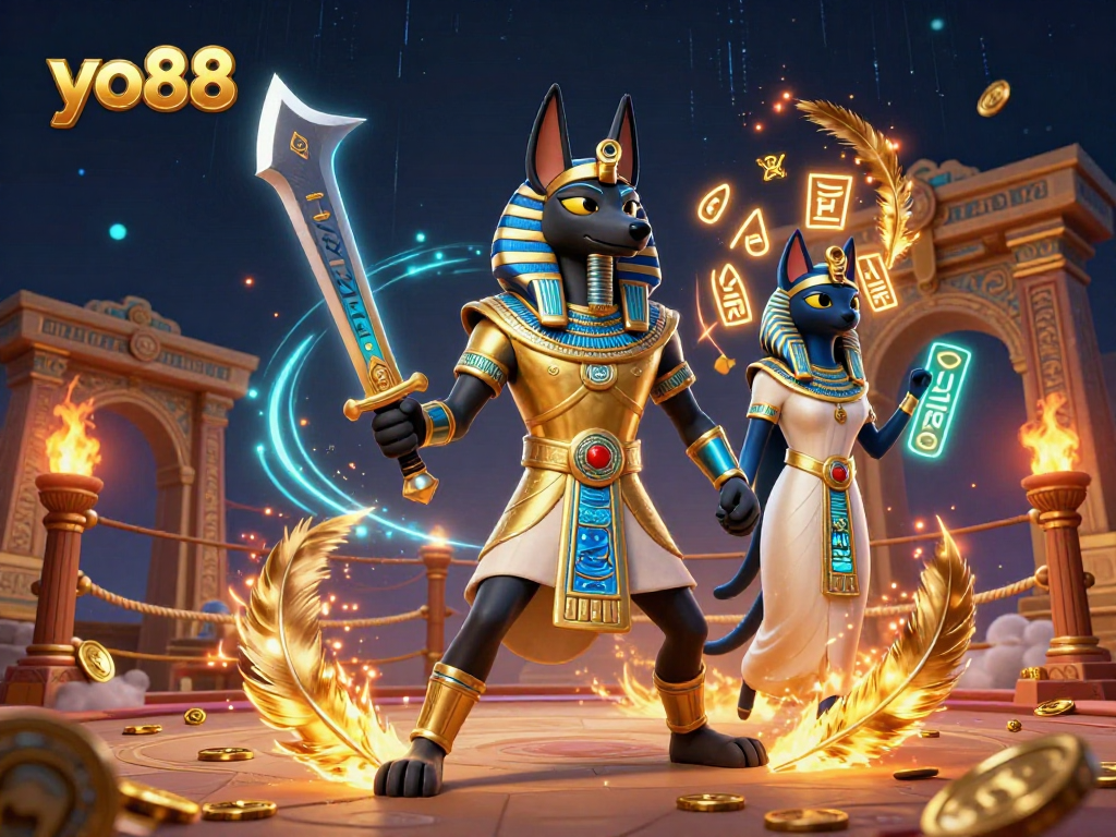 Experience the thrill of yo88 with a dynamic 3D illustration featuring Anubis and Bastet in a vibrant casino setting.