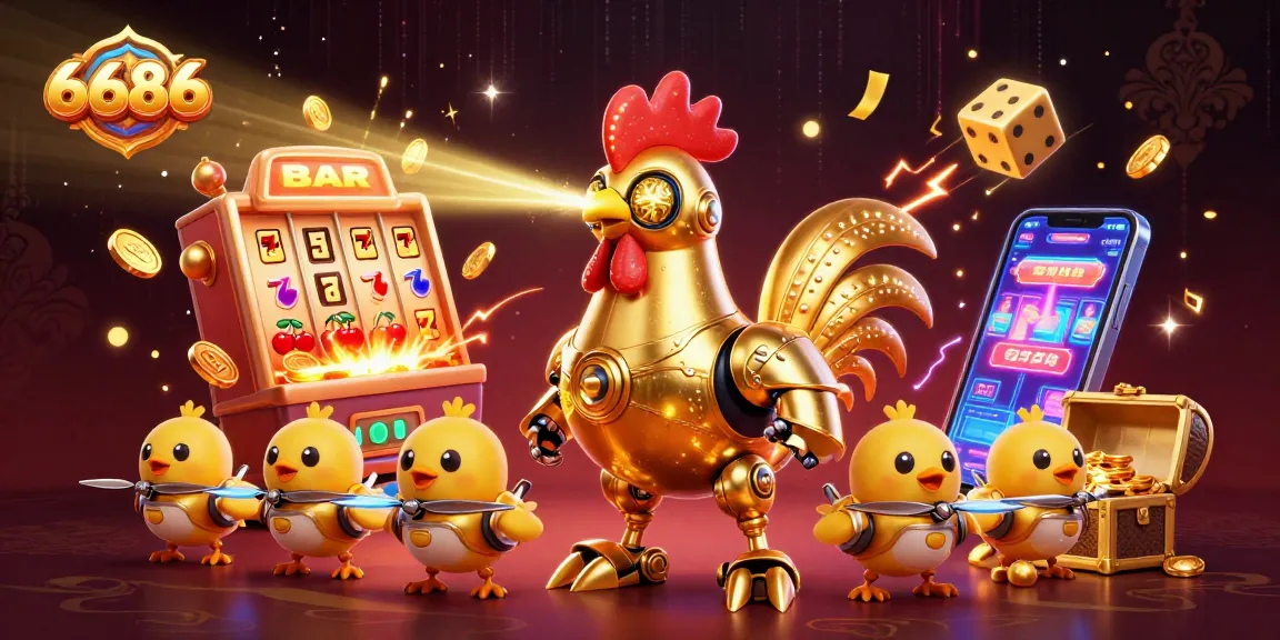 Experience exciting winning opportunities at 6686 with vibrant casino elements and a dynamic robot scene.