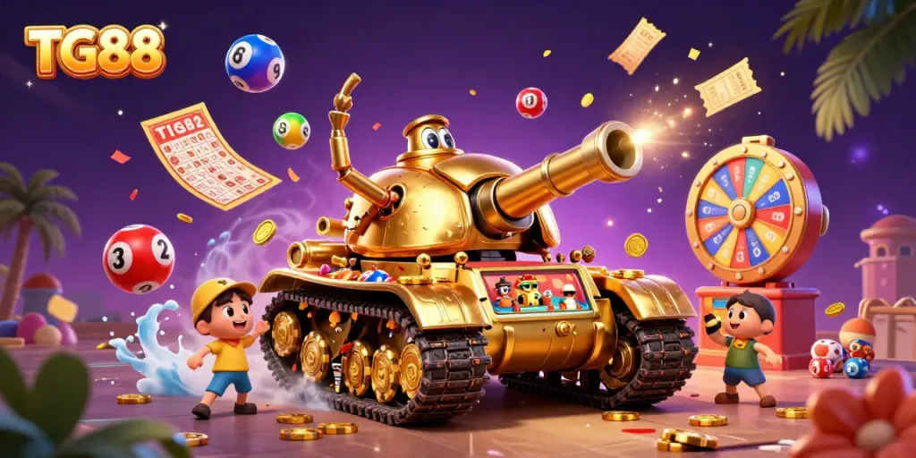Engage in vibrant gaming at TG88 with a golden beetle tank revealing a dazzling casino.