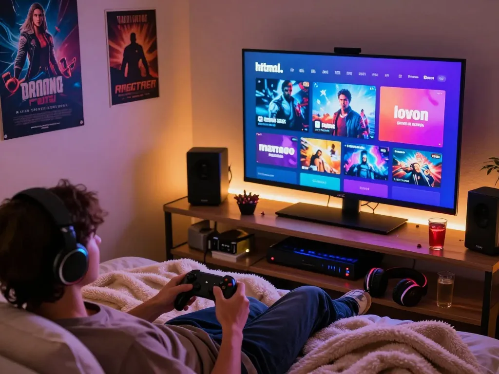 Engaging scene showcasing a person enjoying html porn games in a cozy bedroom.