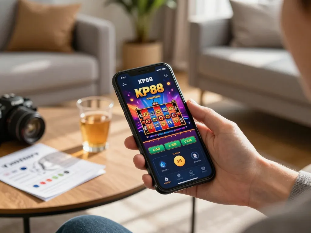 Playing with the KP88 app on a smartphone in a cozy living room, enjoying slot games.