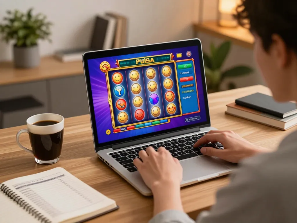 Engaging gameplay on slot pulsa game from home with colorful visuals and strategic notes.