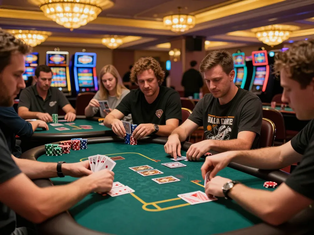 Players engaging in strategic poker games at mm88star casino, captured in vibrant, warm casino atmosphere.