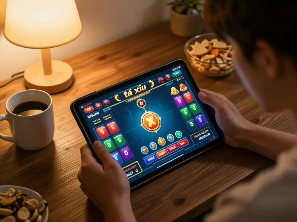 Playing tài xỉu online on a tablet in a cozy home setting, enhancing the gaming experience.