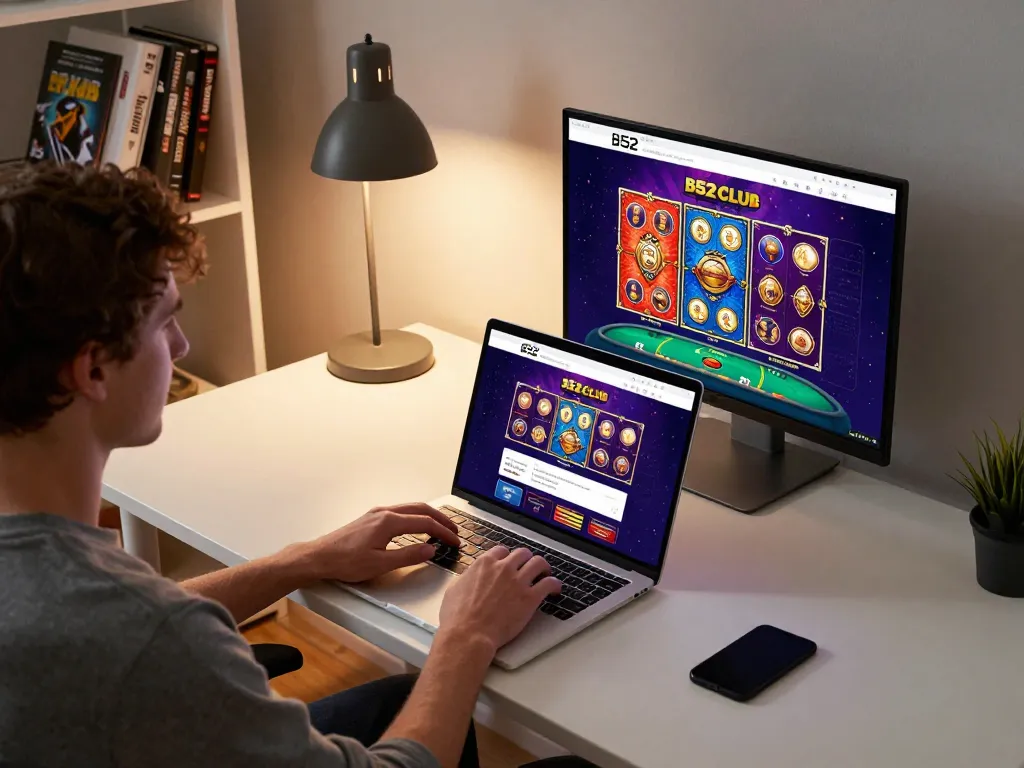 Person engaging with b52 club online slots in a stylish, modern home setup.
