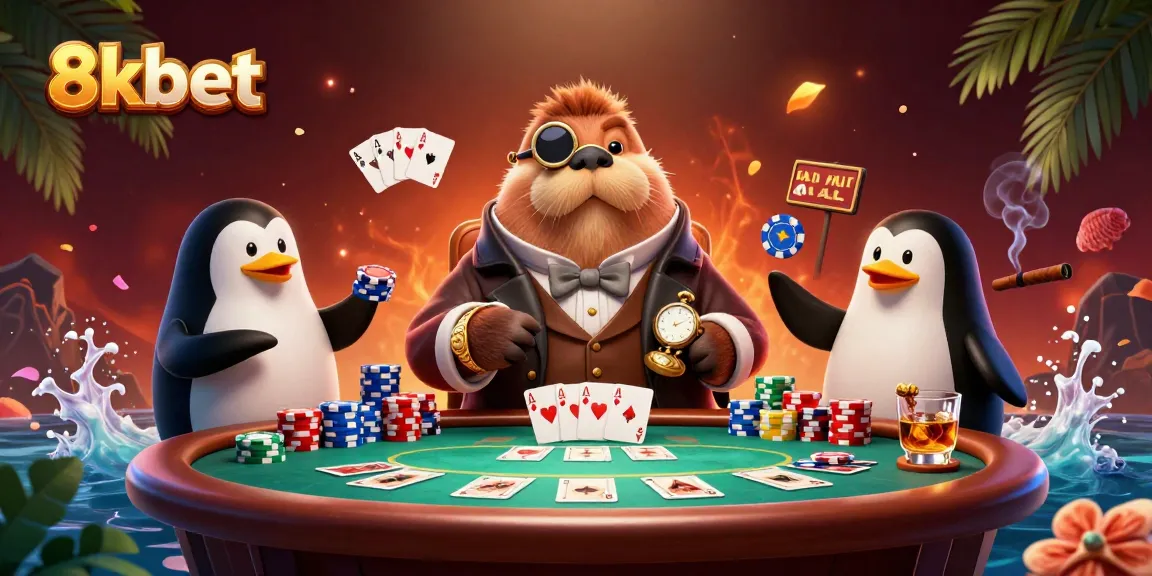 Engage in a vibrant underwater poker scene at 8xbet featuring unique characters and gambling elements.