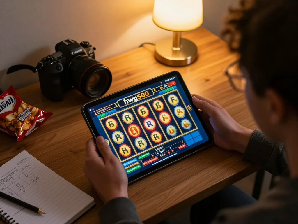Playing hwg500 slot on a tablet in a cozy living room showcasing exciting online gaming.