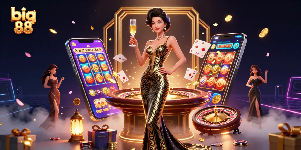 Experience the thrill of big 88 casino games with a glamorous Asian woman amid slot machines and roulette.