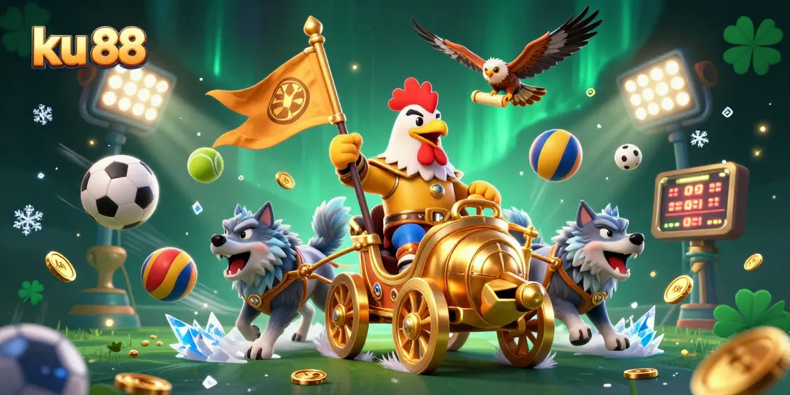 Experience the excitement of ku 88 with a dynamic scene featuring a rooster warlord and sports elements.