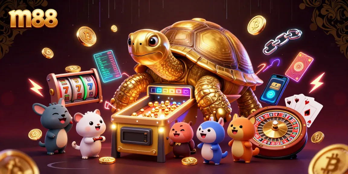 Experience the thrill of m88 gaming with a colorful 3D illustration of a colossal pinball tortoise amidst casino excitement.