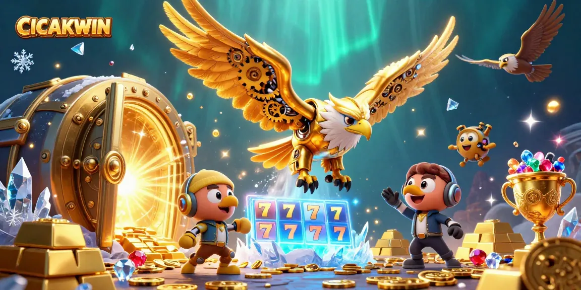 CICAKWIN showcases a dynamic 3D illustration of a golden eagle amidst slot reels and treasures, symbolizing gaming excitement.