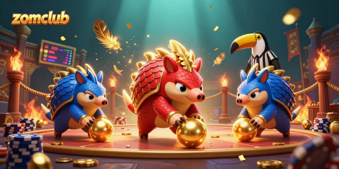 Zomclub pangolins compete amid poker chips in a vibrant gaming arena, showcasing dynamic casino action.