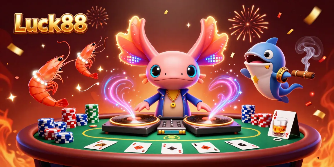 Join the excitement at Luck888 with vibrant casino elements and colorful characters in a dynamic gaming scene.