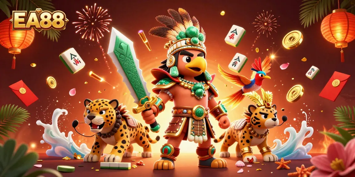 Experience thrilling gameplay at EA88 with Aztec warriors and festive elements in a vibrant casino scene.