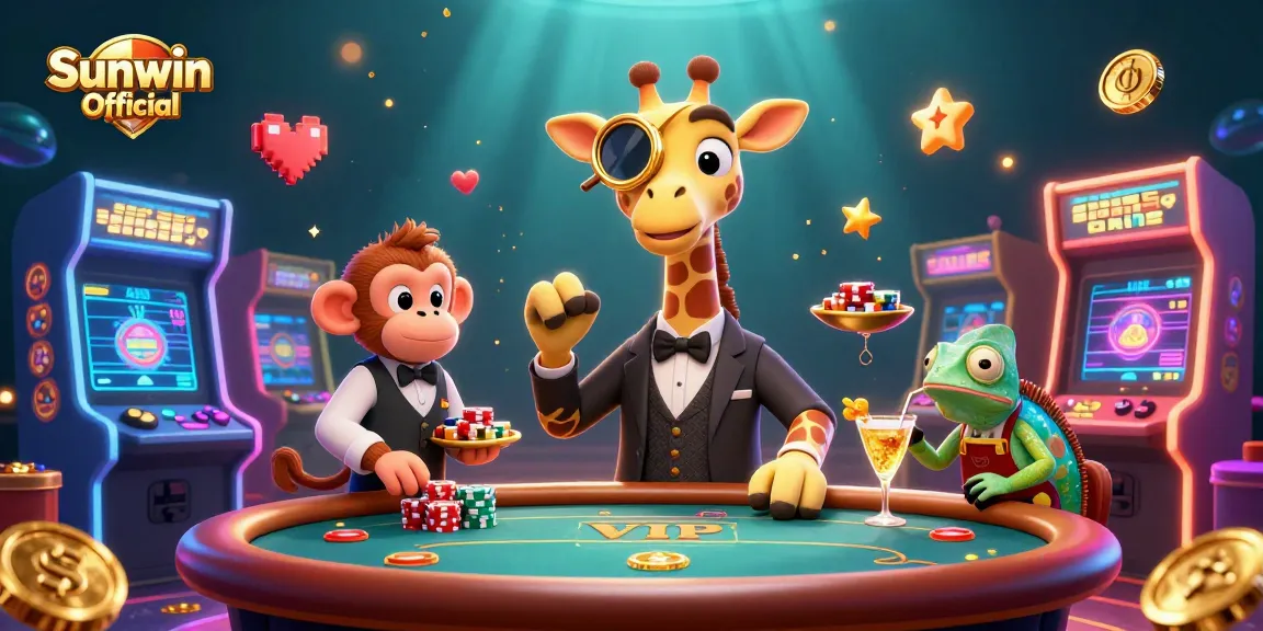 Engage in thrilling games at Sunwin Official with a vibrant illustration of a high-roller giraffe and his companions.