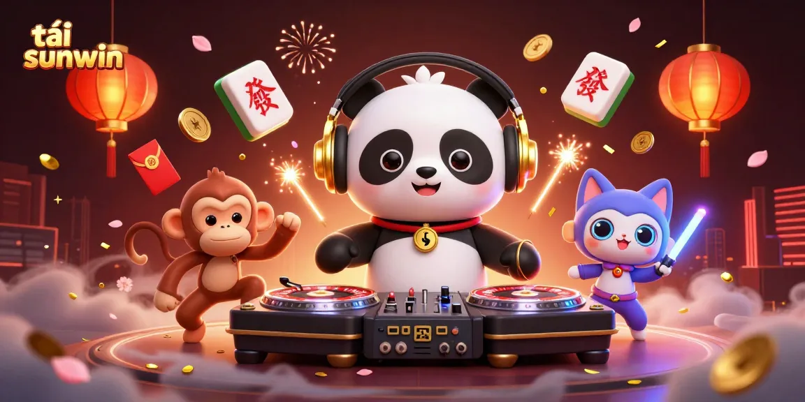 Enjoy thrilling gaming at tải sunwin with 3D DJ panda and playful characters in a vibrant casino scene.