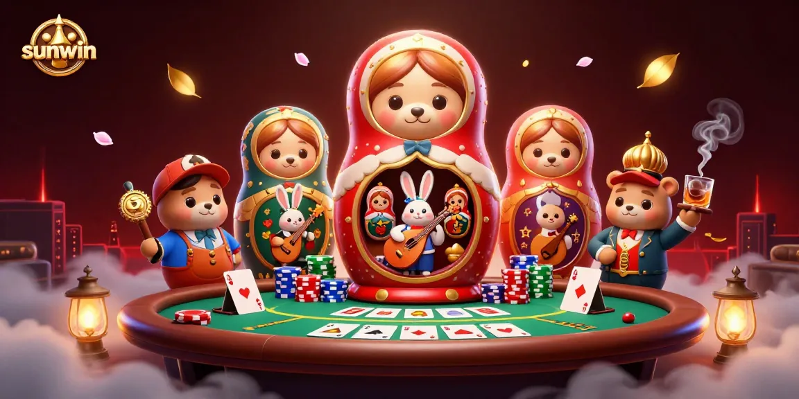 Experience winning thrills at sunwin with vibrant casino elements featuring a Matryoshka bear and dealers.